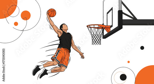Dynamic basketball player mid air about to dunk, showcasing power and precision, abstract