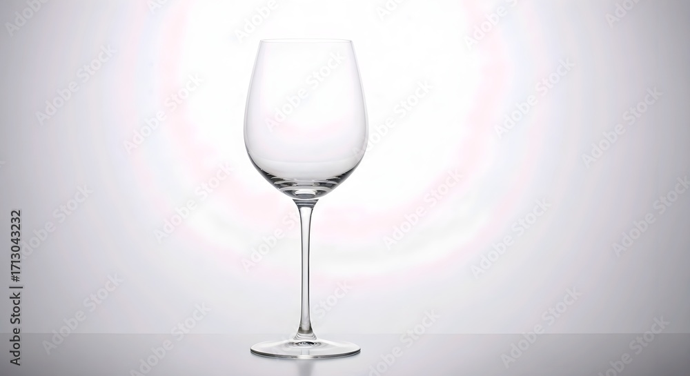Fototapeta premium Sleek wine glass on reflective surface against gradient white background with subtle pink hue, evoking minimalism and elegance. AI Generated