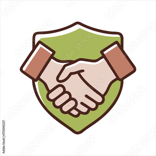 Handshake in front of a shield represents trust