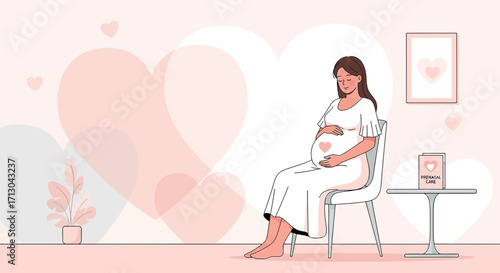 Elegant illustration showcasing a pregnant woman with heart accents radiating love and tenderness