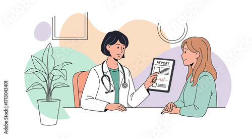 Female doctor reviewing medical report with patient in clinic consultation appointment