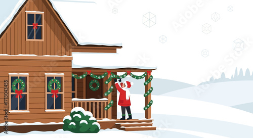 Festive holiday home decoration on snowy winter day preparation for christmas celebrations