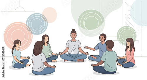 Group meditation session illustration emphasizing wellness and mindful connection indoors