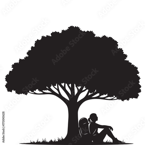 Silhouette of a person sitting under a large tree with a backpack, resting peacefully.