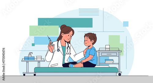 Healthcare professional administering vaccine injection to child patient in clinic