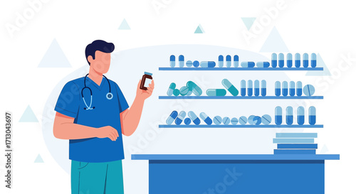 Healthcare professional holding medication at pharmacy showcasing pharmaceutical products
