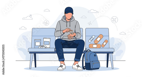 Illustrated man applying bandages in an airport waiting area with travel backdrop