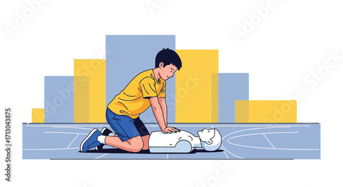 Illustration depicting a boy performing CPR on a mannequin in a training scenario setting