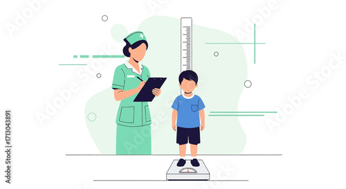 Illustration depicting a healthcare professional assessing a child's growth and development