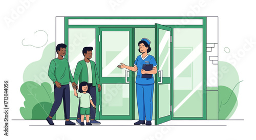Illustration depicting a same-sex family being greeted at a clinic or hospital entrance by a nurse