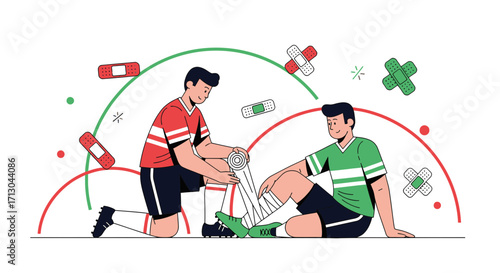 Illustration depicting a soccer player receiving first aid after an injury on the field