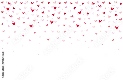 Background falling down hearts, red and pink decorative confetti with different fillings. Trendy vector single pattern with festive mood. The bottom part is free and convenient for adding text