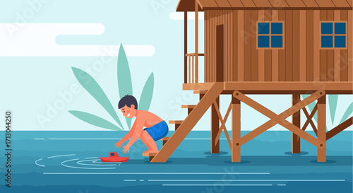 Illustration of a boy playing with a toy boat near a stilt house in a tropical setting