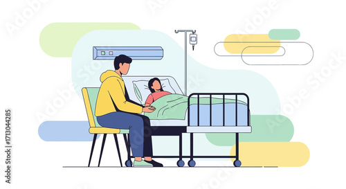 Illustration of a caring visitor supporting a patient in a hospital room setting depicting