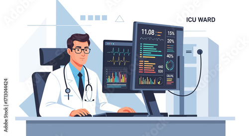 Illustration of a doctor monitoring patient data in an ICU ward with modern technology