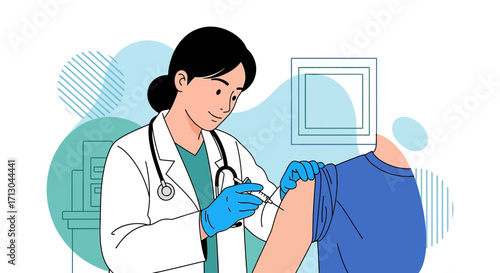 Illustration of a female doctor administering a vaccine to a patient with medical backdrop during