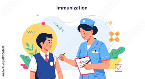 Illustration of a female nurse administering vaccine to a schoolboy showing immunization process
