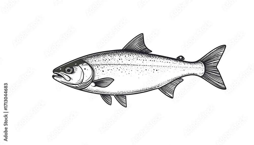 Obraz premium A detailed line drawing of a salmon, showcasing intricate details and elegant lines.