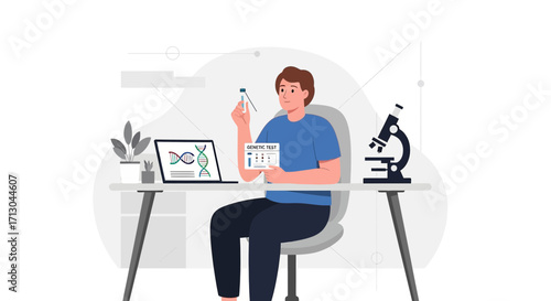 Illustration of a man conducting a genetic test at his desk with microscope and laptop setup for a