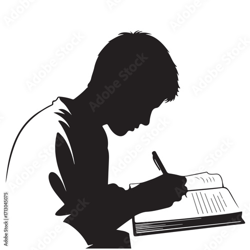 Silhouette of a Person Writing and Studying in a Book