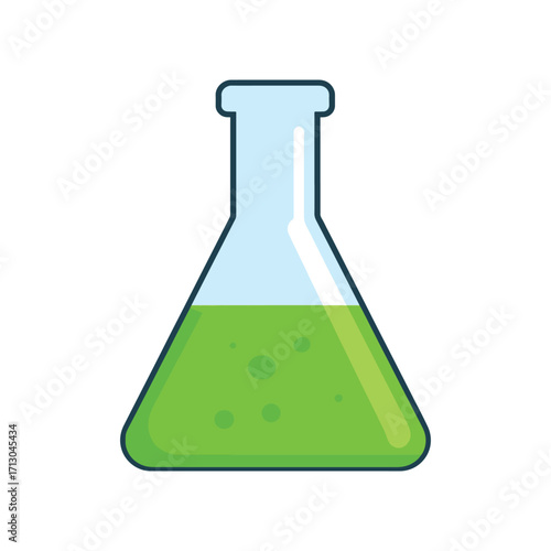 Vector illustration of a glass laboratory flask with bright green liquid, symbolizing science, research, chemistry, and educational experiments.