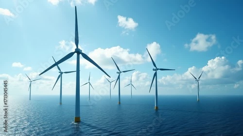 A scenic view of offshore wind turbines against a blue sky and calm sea. The image highlights renewable energy sources and their role in sustainable development.