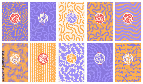 Happy Halloween backgrounds set. Abstract funky groovy psychedelic maze patterns. Round handwritten hand lettering collection. Twisted spiked zigzag curved uneven doodle wavy organic winding lines.