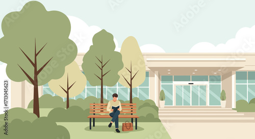 Illustration of a man reading a book on a bench near a modern building facade in a park setting