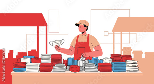 Illustration of a man producing face masks in a factory during the pandemic era with