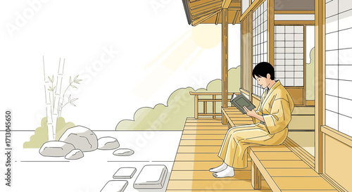 Illustration of a man reading a book on the porch of a traditional Japanese house during the day