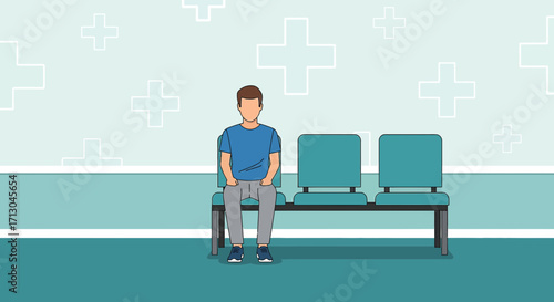 Illustration of a man sitting on a bench in a hospital waiting room with cross pattern background