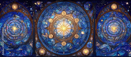 Stained glass celestial design with multiple circles