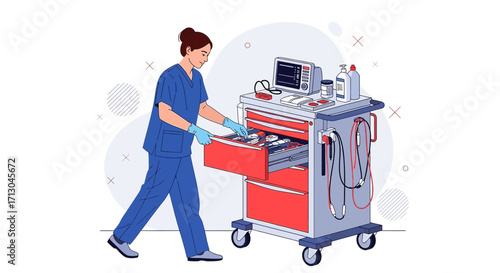 Illustration of a medical professional accessing supplies from a well-equipped crash cart