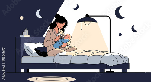 Illustration of a mother feeding her baby at night creating a sense of care and love in the home