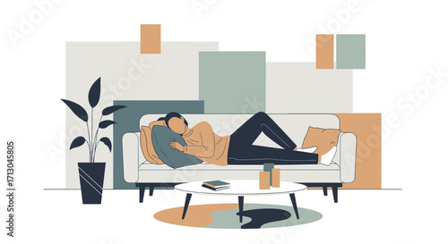 Illustration of a relaxed person on a couch in a modern living room setting vector art