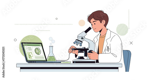 Illustration of a Scientist Working in a Lab with Microscope and Laptop with Scientific Data