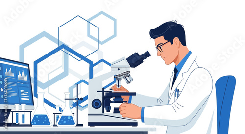 Illustration of a scientist using microscope for research with laboratory equipment and data