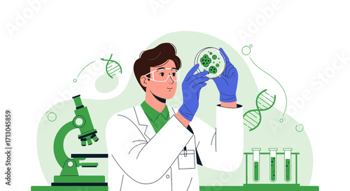 Illustration of a scientist working in a lab, conducting research on pathogens and germs in a