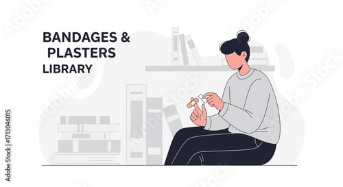 Illustration of a woman applying a bandage in front of bookshelves for health awareness