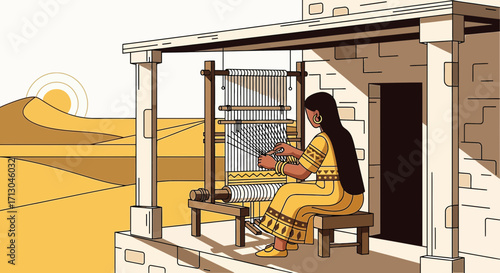 Illustration of a Weaver Working on a Loom in a Desert Setting with Authentic Cultural