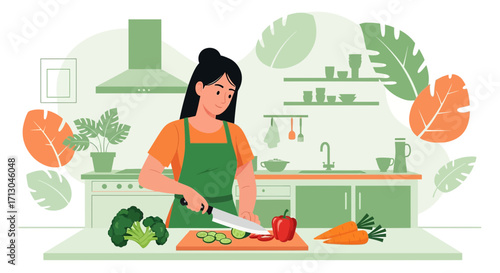 Illustration of a woman cooking in a modern kitchen preparing healthy meals for wellbeing