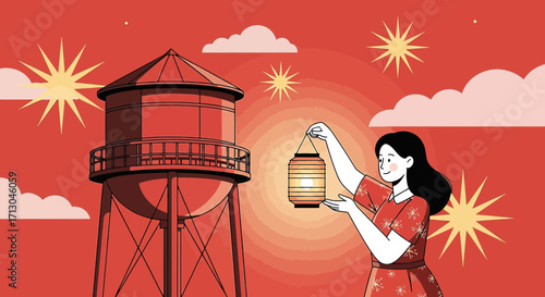 Illustration of a woman holding a lantern with a water tower in the background on red background