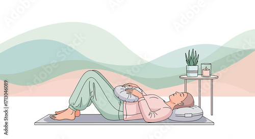 Illustration of a woman practicing restorative yoga pose with bolster and eye pillow indoors for