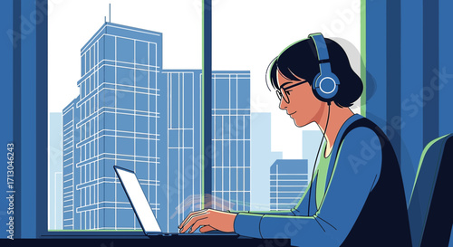 Illustration of a young professional woman working on a laptop with city view