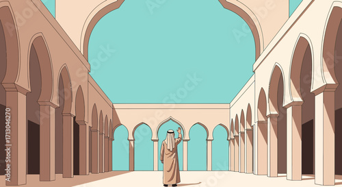Illustration of an arab man standing in a mosque, showcasing architectural beauty and cultural