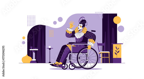 Illustration of an inclusive theatrical artist in a wheelchair captivating audience attention on