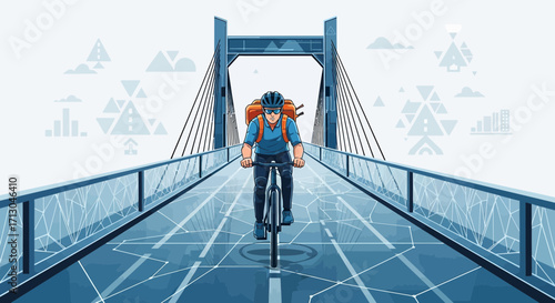 Illustration of delivery man on bicycle crossing a futuristic city bridge with a modern design