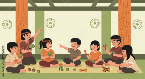 Illustration of happy children playing with traditional toys in a house interior vector illustration