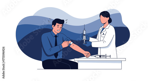 Illustration of healthcare worker administering vaccination to anxious man during medical visit
