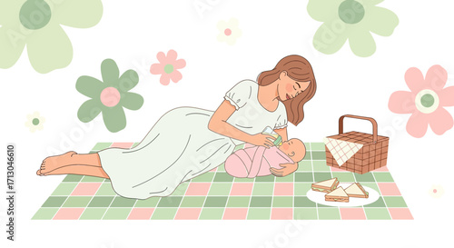 Illustrative depiction of a mother feeding her baby outdoors during a serene picnic scene